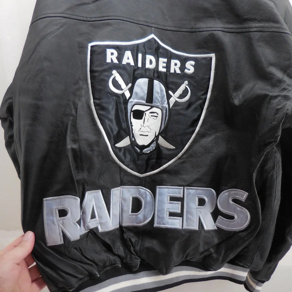 NFL Game Day Raiders Genuine Leather Bomber Jacket Black Embroidered Mens M